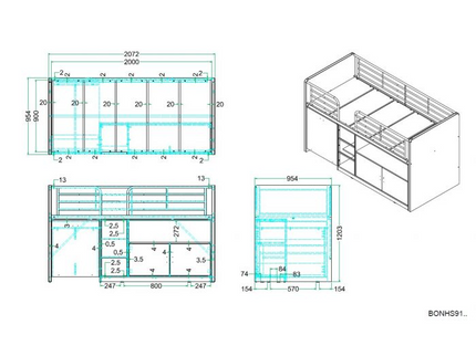 Vipack Bonny Loftsäng Säng 90x200 cm, Blå