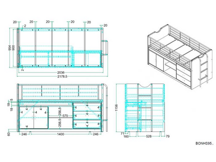 Vipack Bonny Loftsäng Säng 90x200 cm, Blå