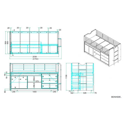 Vipack Bonny Loftsäng Säng 90x200 cm, Blå