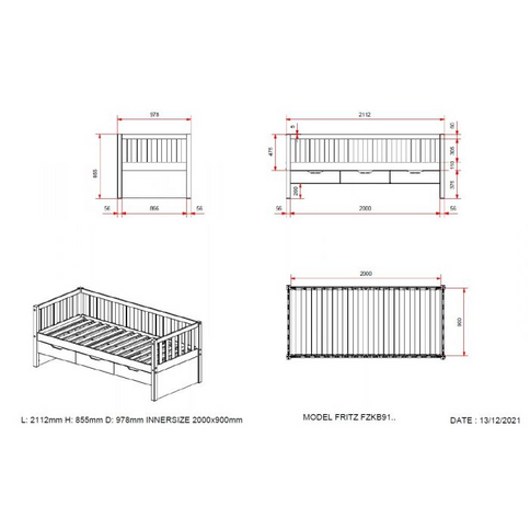 Vipack Fritz Juniorsäng Med 3 Lådor 90x200 cm, Natur