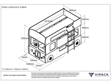 Vipack Londonbuss Våningssäng 90x200 cm, Röd
