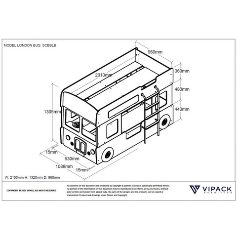 Vipack Londonbuss Våningssäng 90x200 cm, Röd