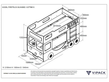 Vipack Brandbil Våningssäng 90x200 cm, Röd