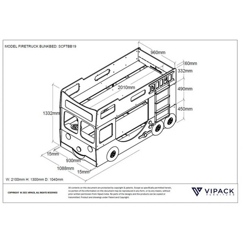 Vipack Brandbil Våningssäng 90x200 cm, Röd