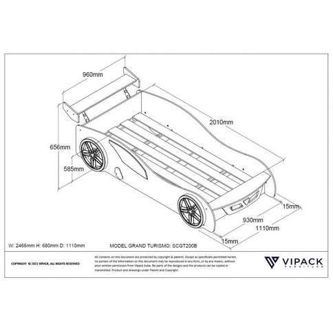 Vipack Bilsäng Grand Turismo 90x200 cm, Blå
