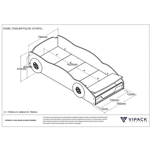 Vipack Polisbil Bilsäng 70x140 cm, Blå